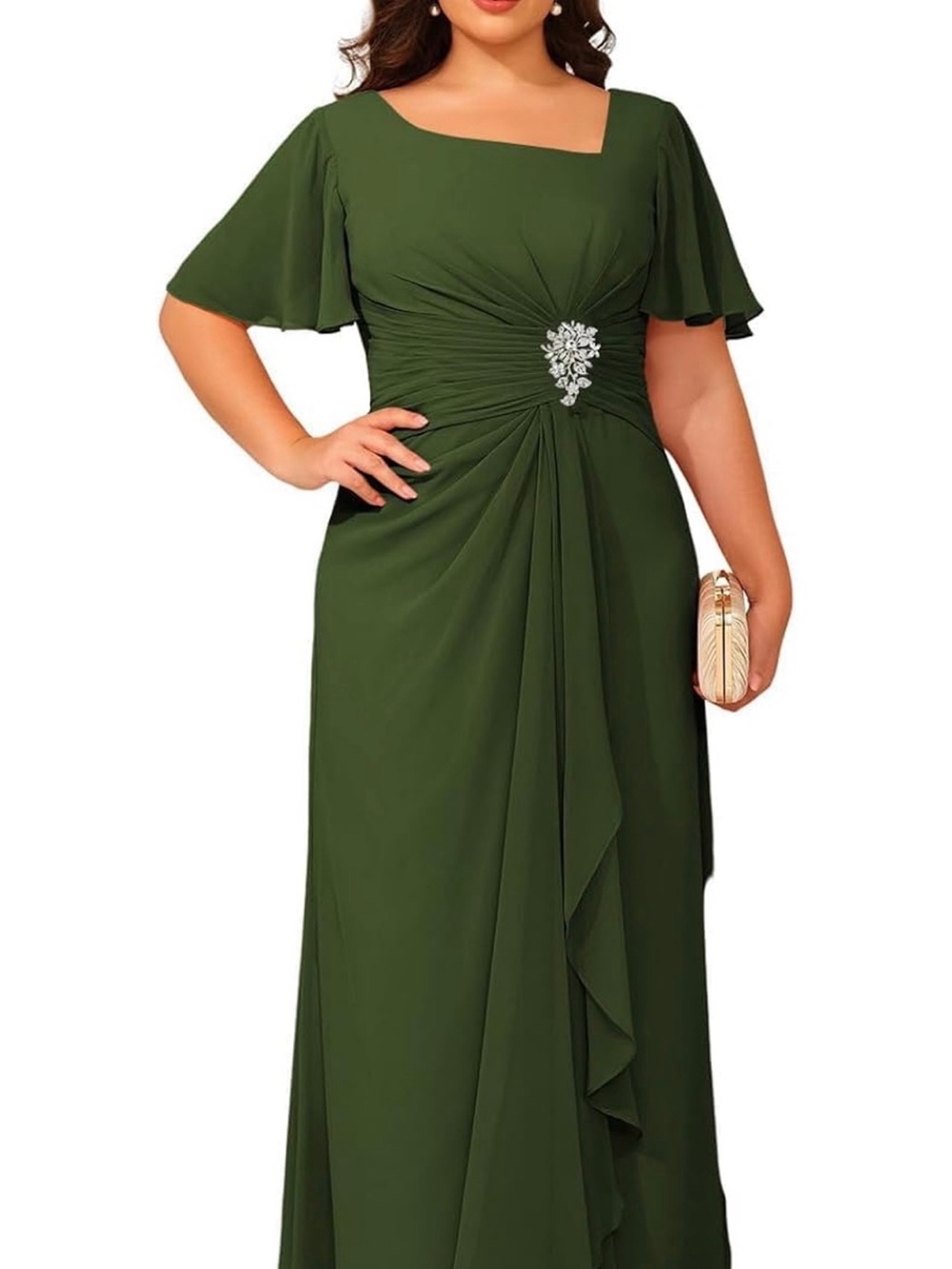 Plus Size Olive Green Evening Dress with Brooch Detail
